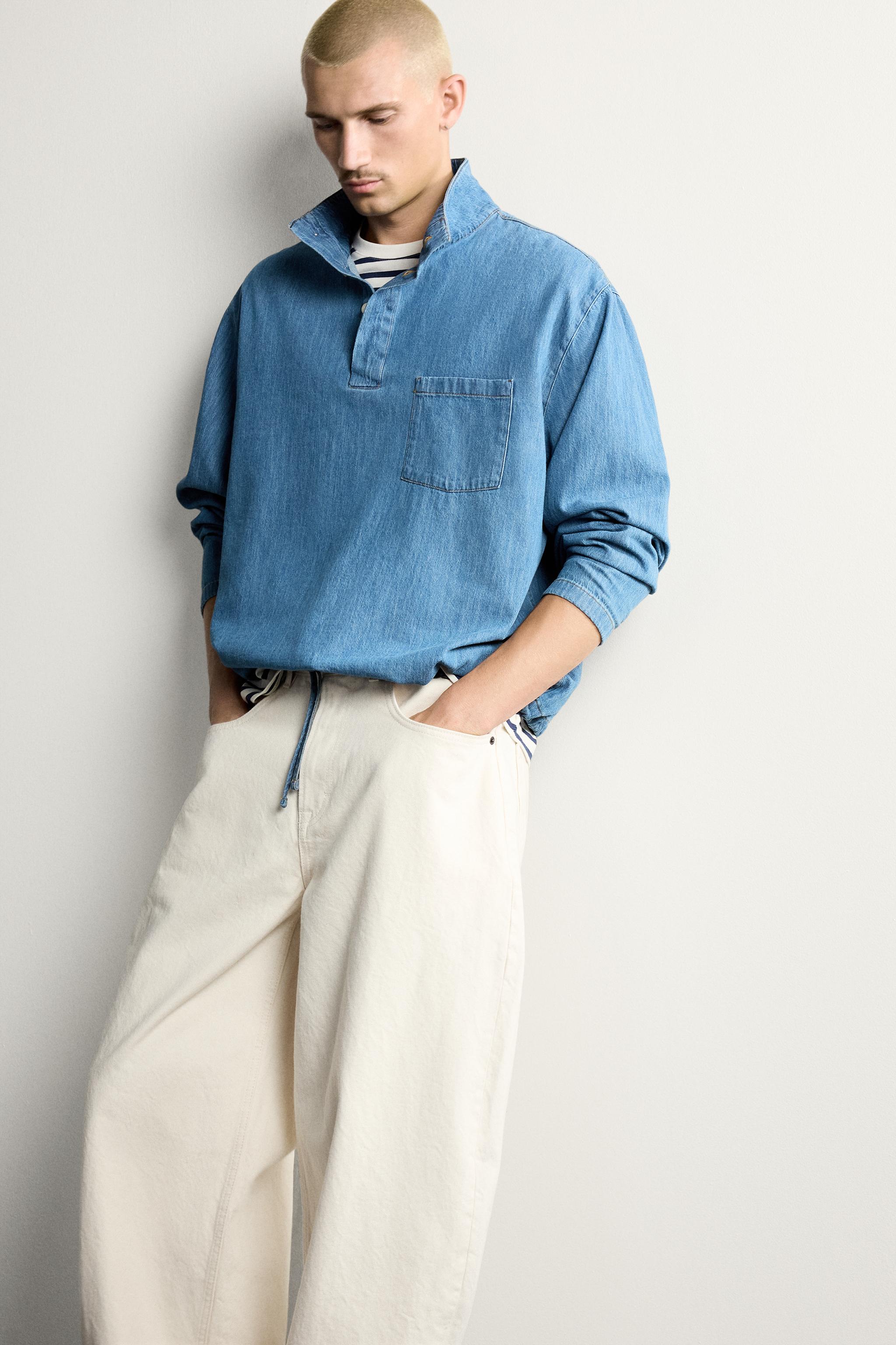 WASHED LIGHTWEIGHT DENIM POLO SHIRT